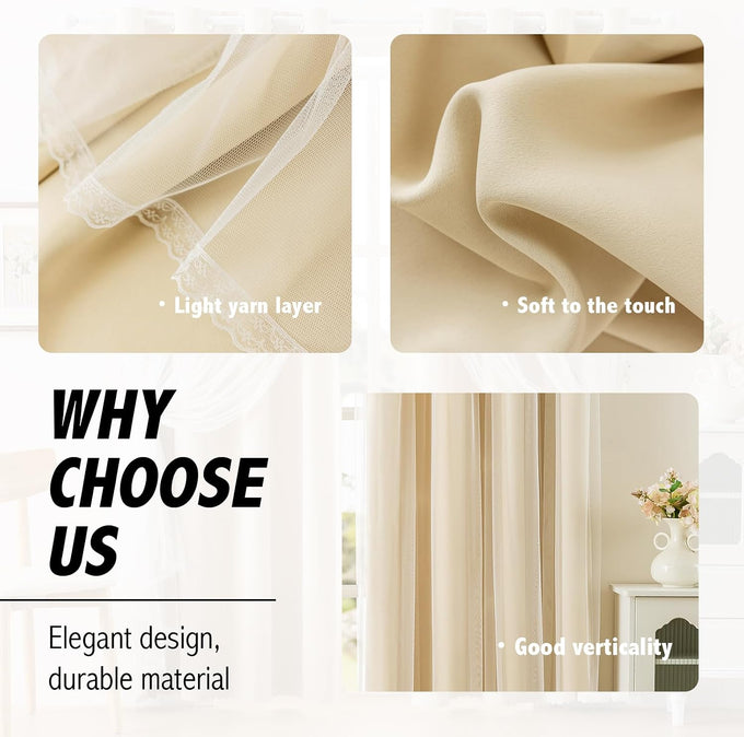 Anytime Double Layer Blackout Curtains 2 Panels，52Wx108L，Cream