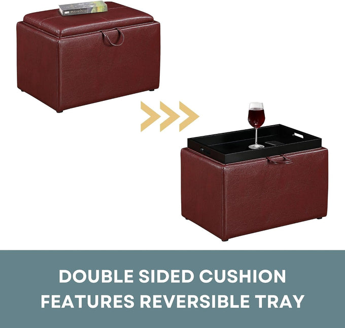 Convenience Concepts Designs4Comfort Accent Storage Ottoman 22.75" - Modern Foot Stool with Decorative Tray for Living Room, Dining Room, Office, Burgundy Faux Leather