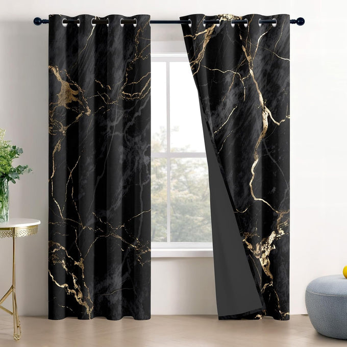 Marble Blackout Curtains for Bedroom Living Room - Black and Gold Abstract Modern Luxury Patterned Window Treatments, Room Darkening Grommet Drapes, 96 Inch Curtains 2 Panel Set