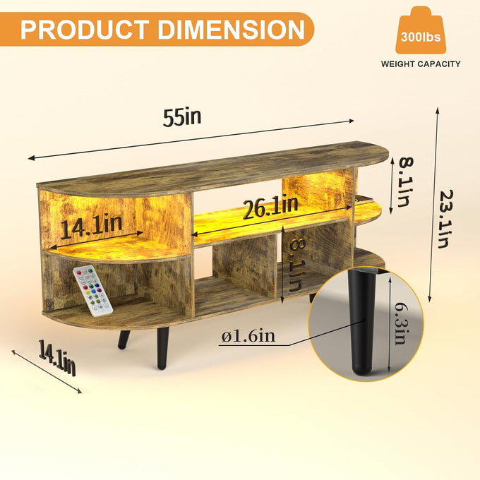55" Amber Small TV Stand 7 Shelves with Outlet and Smart Light