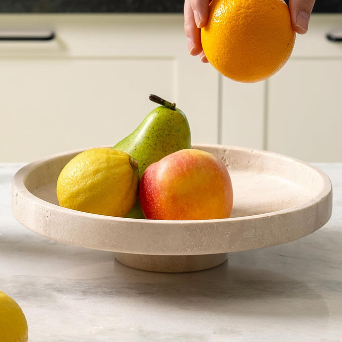 Koville Natural Italian Travertine Fruit Bowl, 11 Inch Decorative Pedestal Bowl, Handmade Stone Centerpiece Bowl for Kitchen Counter, Coffee Table & Dining Table, Modern Home Decor, Beige