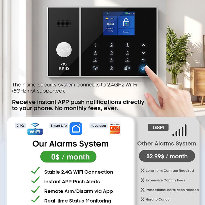 WiFi Home Security Alarm System, 4X Door Window Sensors, No Monthly Fees