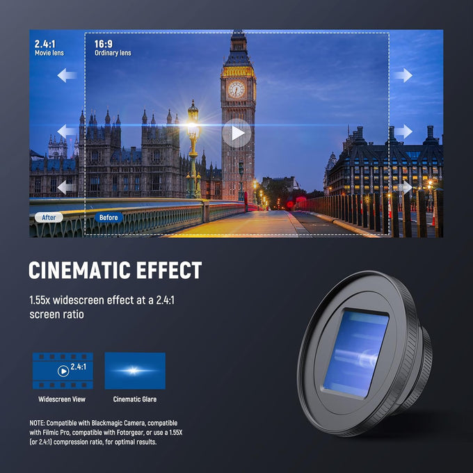 NEEWER 1.55X Blue Flare Anamorphic Phone Camera Lens with 17mm Threaded Clip, 4 Elements 4 Groups 2.4:1 Wide Screen Cinematic Mobile Photography Effect Compatible with iPhone Android Samsung, LS-75
