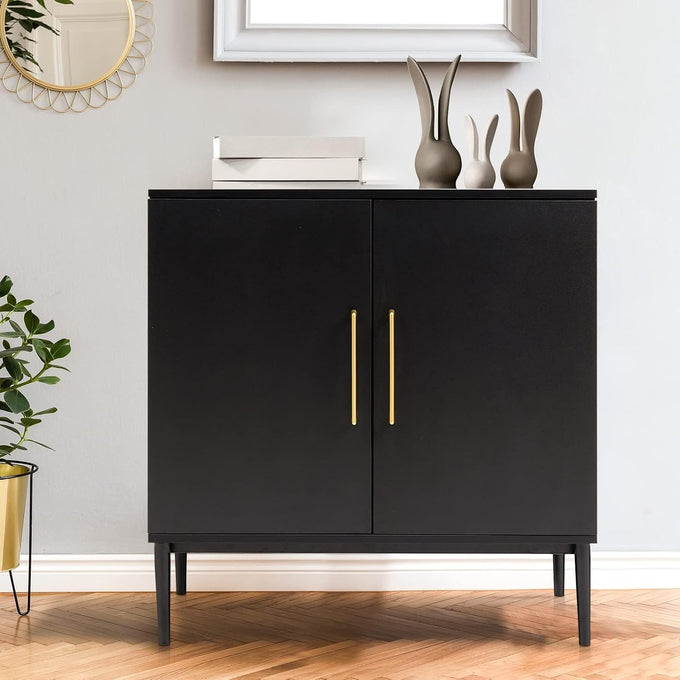 Black Storage Cabinet with Doors, Modern Accent Cabinet, Free Standing Cabinet with Adjustable Shelf, Wooden Buffet Sideboards for Living Room, Kitchen, Dining Room, Entryway