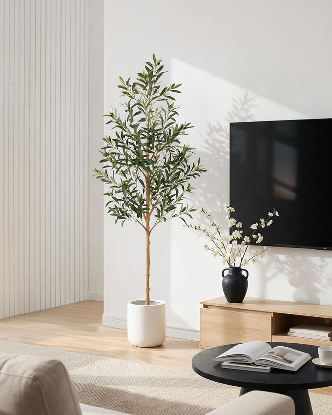 FLOWORLD 6FT Olive Trees Artificial Indoor, Tall Fake Olive Tree (72in) with Realistic Leaves and Olives, Sturdy Weighted Base,Large Faux Plants for Home Office, Living Room, Outdoor