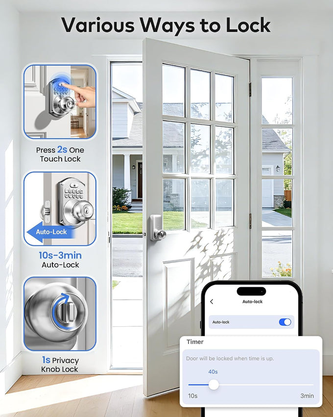 TEEHO TE018 Smart Keypad Door Lock with Handle, App Control, Satin Nickle