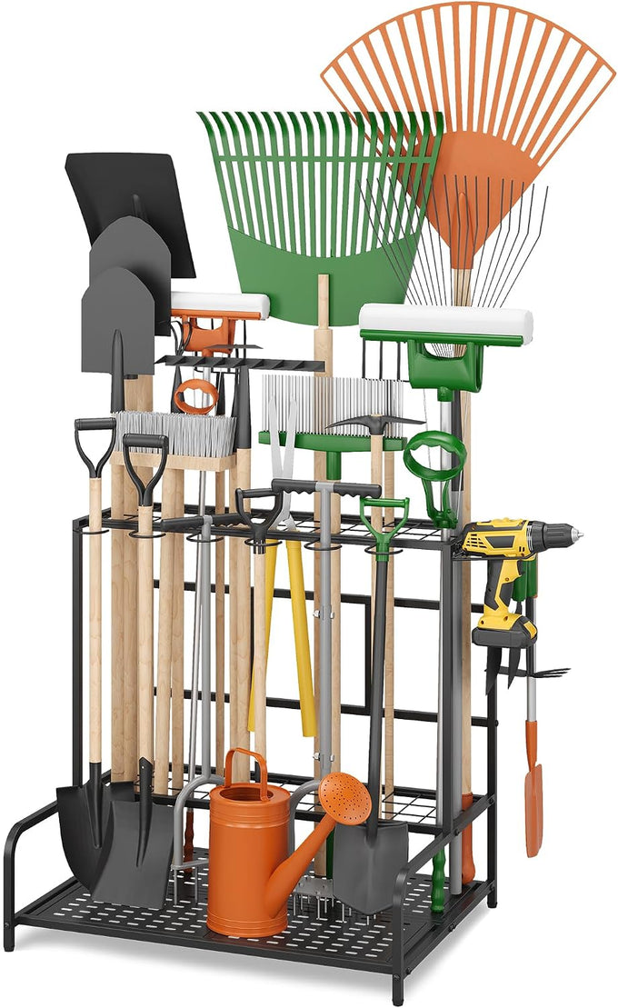 Garden Tool Organizer, Garage Tool Organizer & Garage Organization, Heavy Duty Steel Tool Storage Rack Holds 35 Rakes, Brooms Tools, Broom Holder and Mop Holder, Shed Organizer for Home Organization