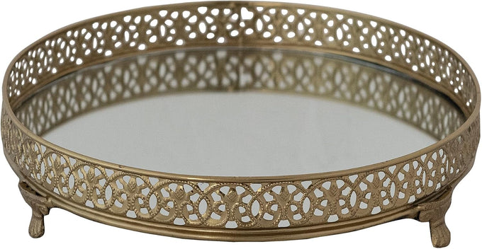 Creative Co-Op Oval Metal Filigree Footed Tray with Mirror, Gold Finish