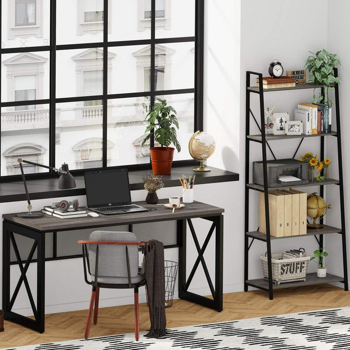 BON AUGURE 5 Tier Ladder Shelf, Leaning Bookshelf, Wood Metal Storage Shelf