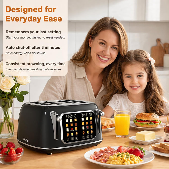 Mecity 4 Slice Toaster, Wide Slot Retro Design, 120V 1650W, Jet Black
