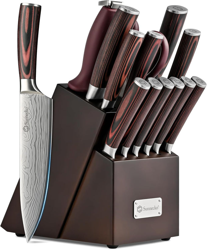 Sunnecko 15-Piece Kitchen Knife Set with Block and Sharpener, White Handle