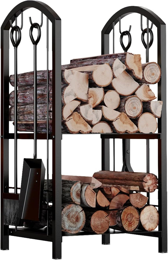 Fire Beauty Wrought Iron Firewood Log Rack with 4 Pcs Fireplace Tools Black