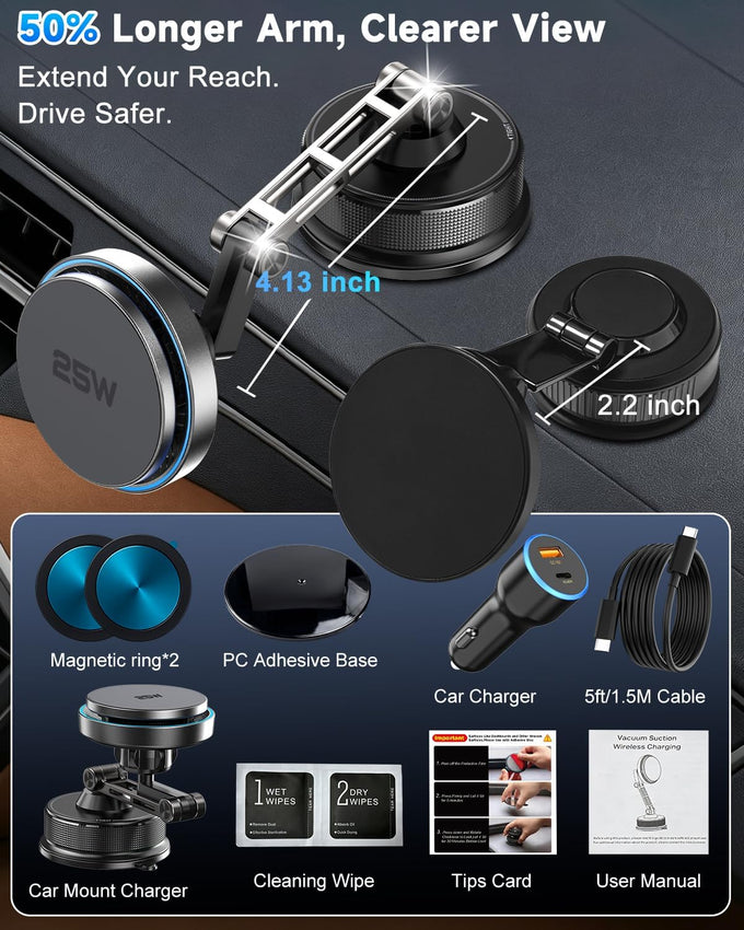 25W for Magsafe Car Mount Charger, Vacuum Magnetic Wireless Car Charger