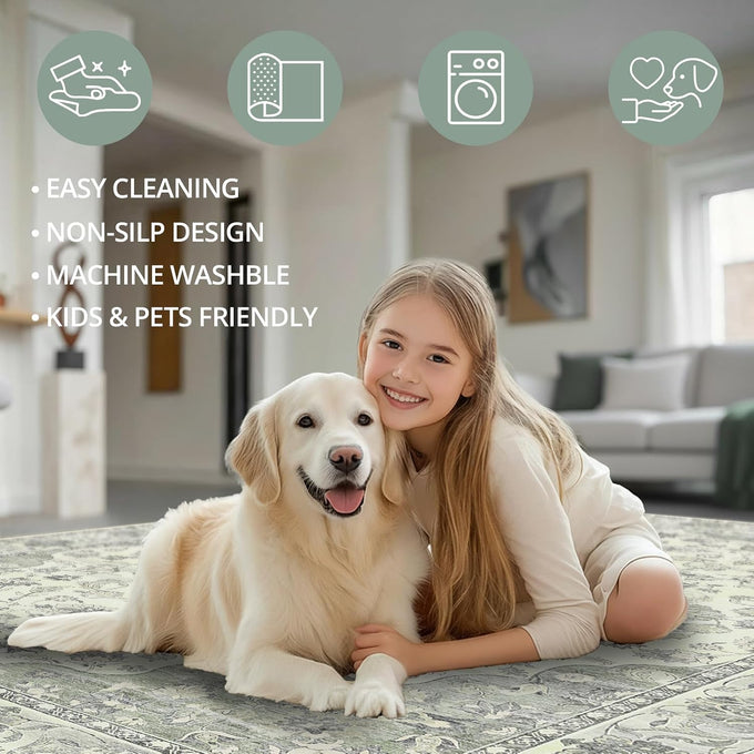 5x7 Non-Slip Washable Livingroom Vintage Area Rug, Sage Green