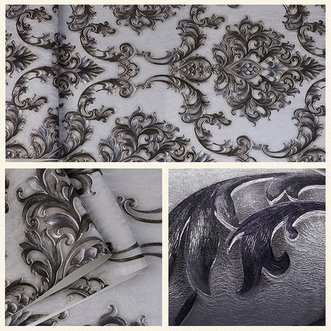 Q QIHANG Luxury Damask 3D Vinyl PVC Embossed Wallpaper Roll, Black Silver