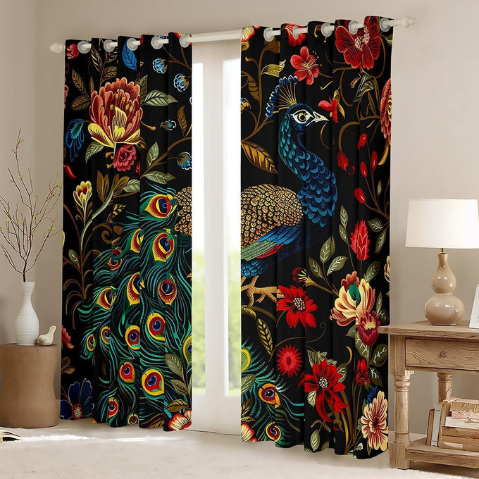 Feelyou Peacock Floral Blackout Curtains 2 Panels 52x84 Inch