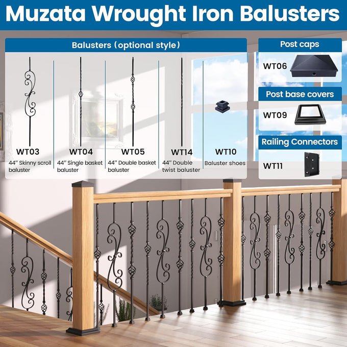 Muzata 5 Pack 44" S Scroll Hollow Iron Balusters WT03