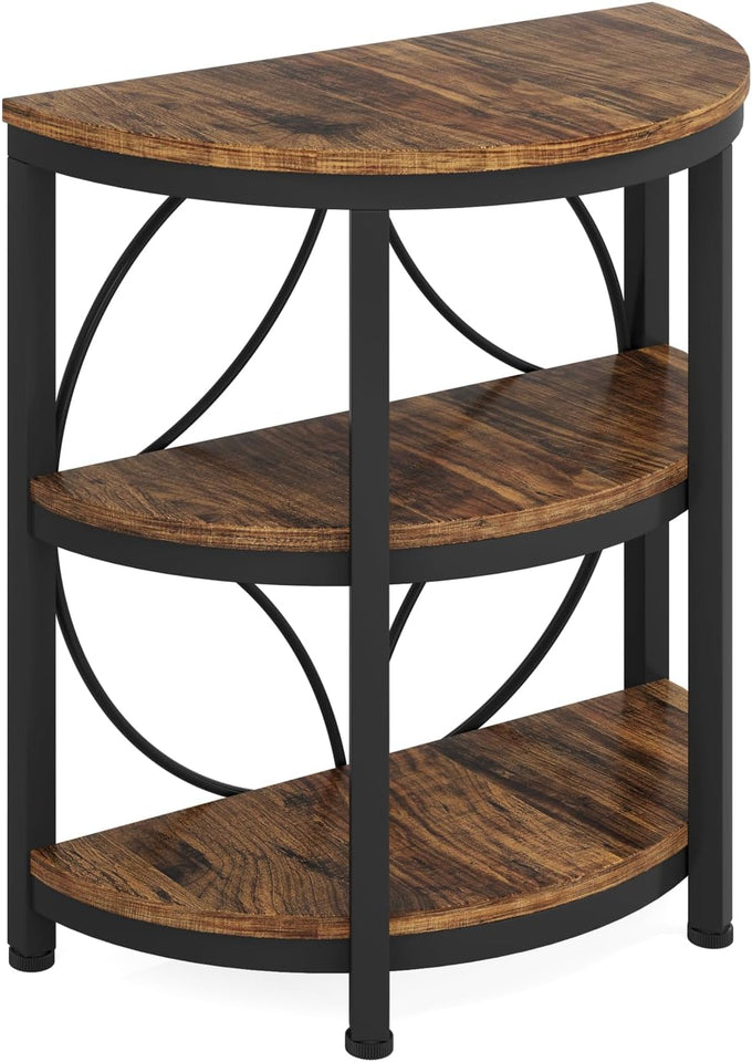 Tribesigns Half Round End Table for Living Room, 3-Tier Half Circle Side Table with Metal Frame, Industrial Half Moon Table, Half Coffee Accent Table Bedside Table for Bedroom, Brown