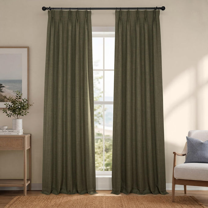 Faux Linen Pleated Curtains for Bedroom (1 Panel) - 25W x 84L, Khaki Green