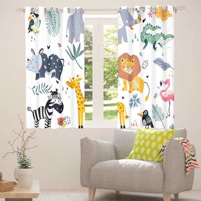 Feelyou Kids Zoo Animal Window Curtains Cute Wild Animals Curtains for Bedroom Cartoon Safari Wild Window Drapes for Boys Girls Teens Exotic Natural Theme Window Treatments, 52x84 Inches,2 Panels