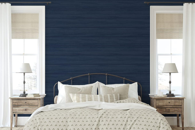 Faux Wood Panel Prepasted Wallpaper (Naval Blue)