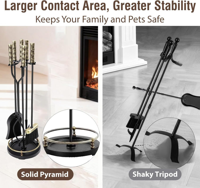 AMAGABELI GARDEN & HOME Fireplace Tools Set 5 Pcs Wrought Iron Indoor with Stand for Fire Place Kit Holder Wood Stove Hearth Accessories Chimney Fire Pit Tongs Shovel Brush Poker Fireset Outdoor Brass