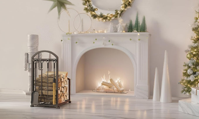 Lizh Metalwork Fireplace Log Holder with Fireplace Tools, Wrought Iron Indoor Stove Accessories Firewood Rack Holder Lumber Storage Stacking Log Holder Log Bin with Tongs Shovel Poker and Brush