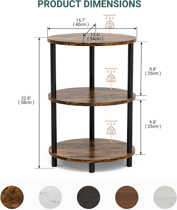 Small Round Side Table - 3-Tier Oval Accent Table for Small Spaces, Rustic Wood and Metal Couch End Table, Nightstand for Bedroom or End Table Living Room, Set of 2, Rustic Brown