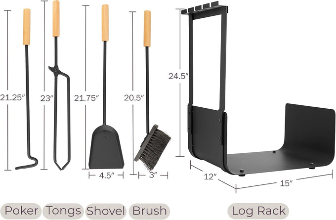 Lavish Home Fireplace Tools Set Indoor Outdoor, Black, 5-Pieces