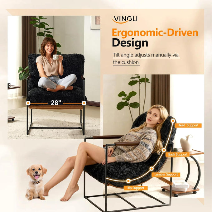 VINGLI 28" Wide Plush Upholstery Sling Modern Accent Chair with Metal Frame, Cute Reading Armchair with Removable Seat Cushion & Tan Microfiber Seat Base, Lazy Chair for Bedroom & Lounge,Black