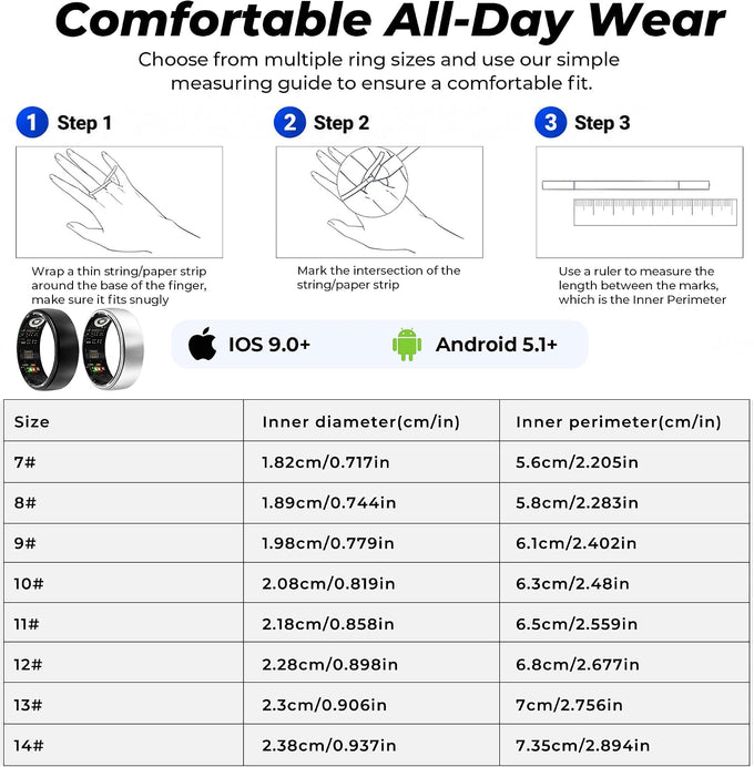 Smart Ring for Women Men, Sleep Tracker, 12 Sports Modes, Size 14 Black