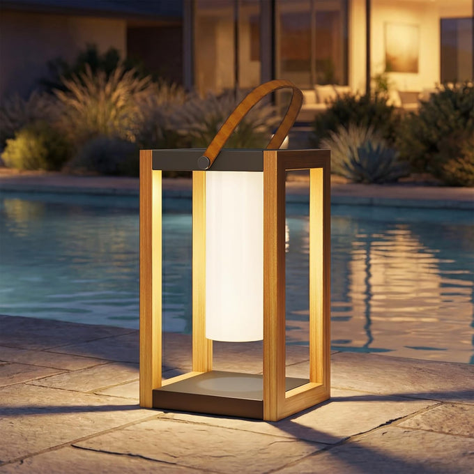 Solar Yard Outdoor Solar Lanterns, Solar Lamp Decorative Outdoor Water-Resistant Steel Table Decor with Handle for Patio, Yard, Porch, Small Woodgrain