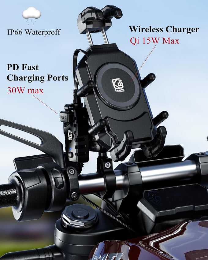 BRCOVAN Motorcycle Phone Mount with Qi Wireless & USB-C Charger
