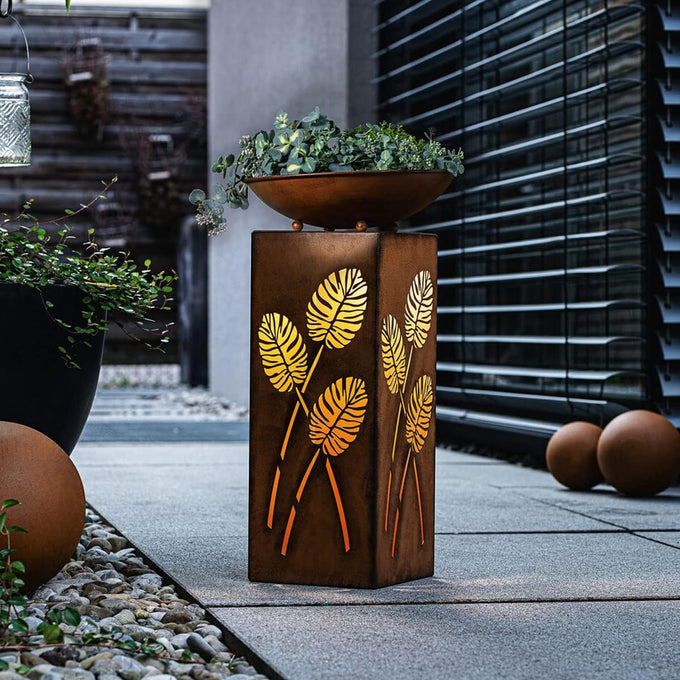 Westcharm Rustic LED Pillar with Planter Dish Bowl and Timer - Decorative Column with Leaves Motif for Home Yard Patio Outdoors
