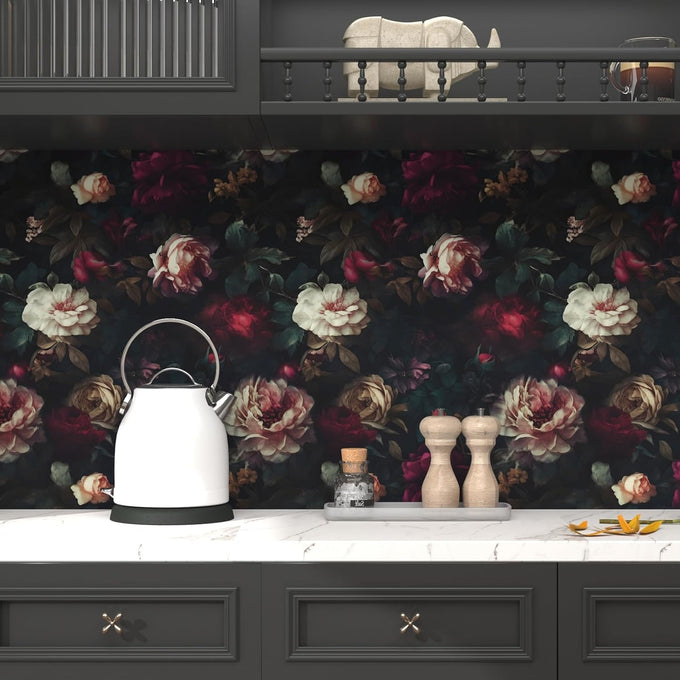 Fvlow Vintage Black Dark Red Floral Peel and Stick Wallpaper 17.4" x 788"