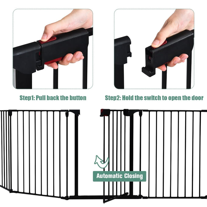 Costzon Baby Safety Gate, 121 Inch Length 5 Panel Adjustable Wide Fireplace Fence, BBQ Metal Fire Screen Gate, Pet Isolation Fence with Walk-Through Door, Freestanding Pets Gate