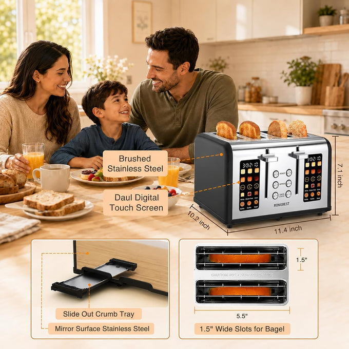 Toaster 4 Slice Touchscreen with Wide Slots, Single-slice Mode, Matte Black