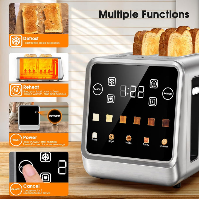 Long Slot Toaster 4 Slice with Touchscreen, 2-Slot Extra Wide 1.5 Inch