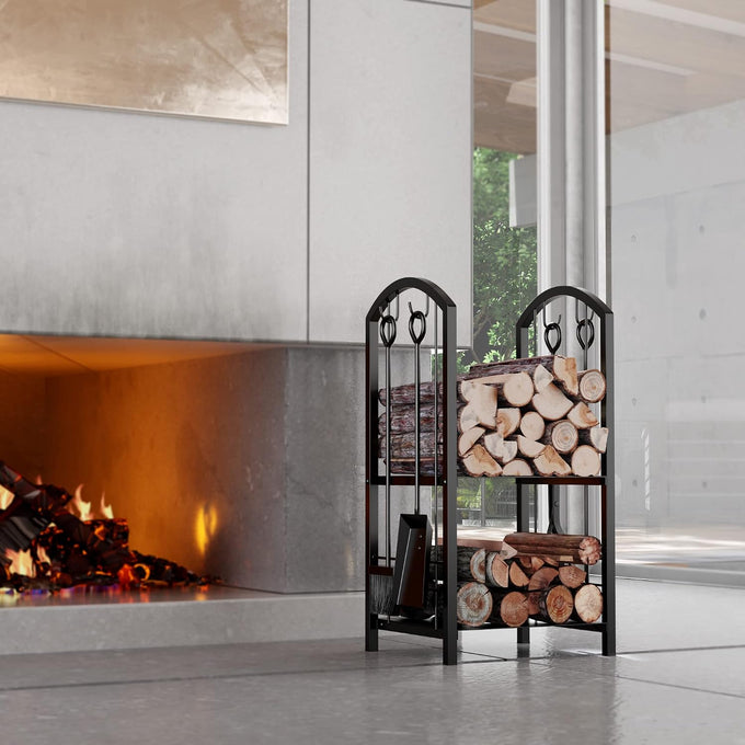 Fire Beauty Wrought Iron Firewood Log Rack with 4 Pcs Fireplace Tools Black