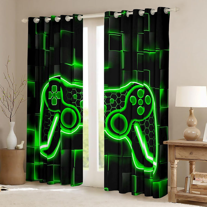 Feelyou Kids Gamer Curtains for Bedroom Living Room (2 Panels, 52 x 96 Inch) Green and Black Darkening Drapes for Boys Gaming Ombre Blackout Curtains Geometric Square Window Treatments