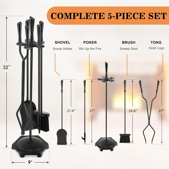 Gtongoko 5 Pcs Fireplace Tools Set 32" Black Wrought Iron Large Fire Tool Set for Outdoor/Indoor Include Chimney Poker, Rustic Tongs, Shovel, Antique Brush and Stand Accessories Set