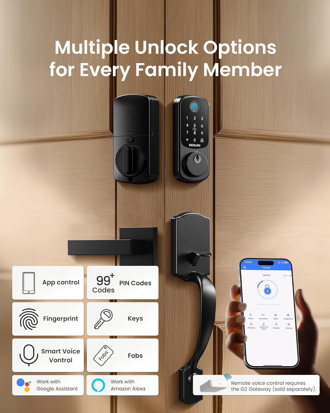 DESLOC B200 Smart Front Door Lock Handle Set, Fingerprint & App Control