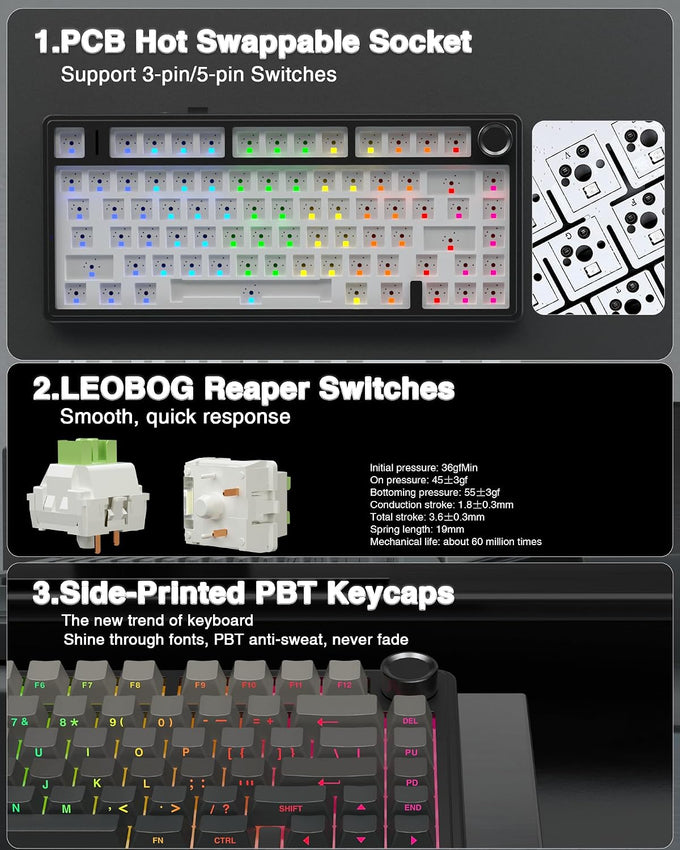 AULA F75 Pro Wireless Mechanical Keyboard,75% Hot Swappable Custom Keyboard with Knob,RGB Backlit,Pre-lubed Reaper Switches,Side Printed PBT Keycaps,2.4GHz/USB-C/BT5.0 Mechanical Gaming Keyboards