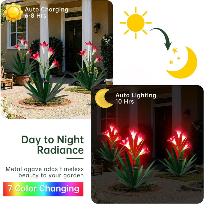Homight Solar Metal Agave Lily Flower Garden Sculpture with LED Lights 30.3 Inch Waterproof Outdoor/Indoor Yard Decor Handmade Lawn Ornament Gift for Family Friends (3, Grass Green)