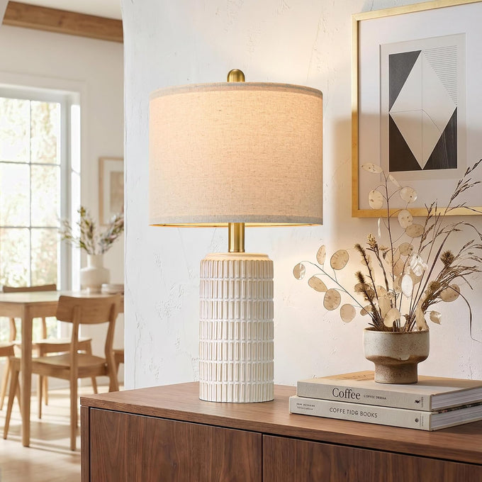 PoKat 21'' Modern Ceramic Table Lamp with Gift Box, White for Bedroom,Small