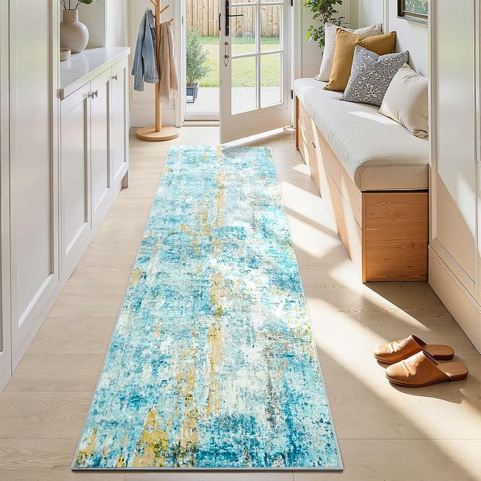 3x12 Grey Rug Runners for Hallways Kitchen Runner Rug Non Slip Washable Black Long Runner Rugs with Rubber Backing Soft Abstract Carpet Runner for Bedroom, Kitchen, Bathroom, Entryway