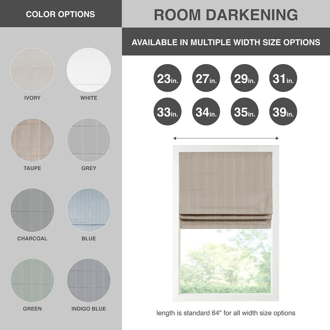 Madison Park Roman Shade, Room Darkening Blind Cordless, 23x64 Sheen Taupe