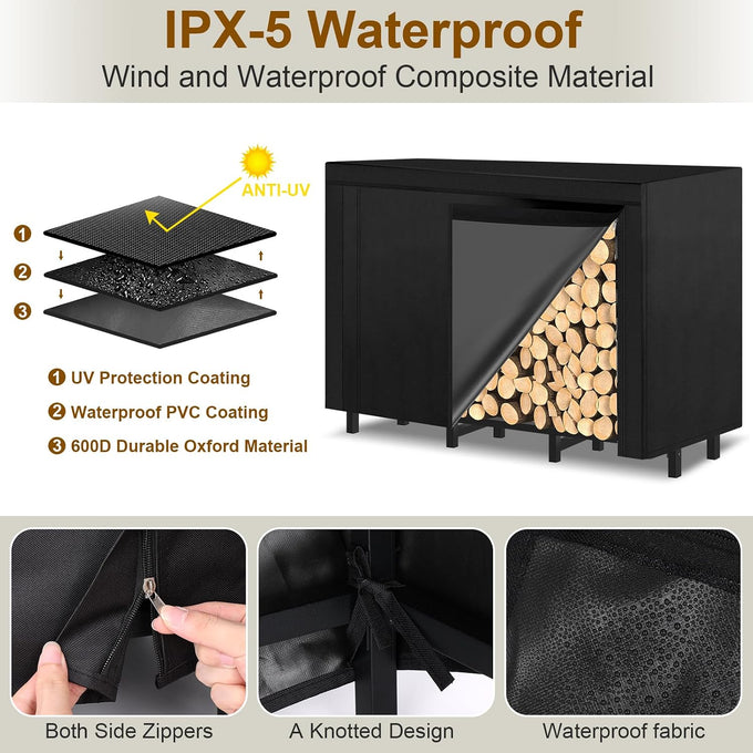 4FT Outdoor Firewood Rack, Wood Storage with 600D Waterproof Oxford Cover Heavy Duty 8 Legs Firewood Log Holder Indoor with Log Carrier, Gloves, and Kindling Hooks for Fireplace Patio Deck Wood Rack