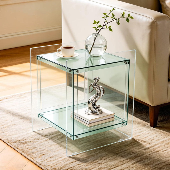 Acrylic End Table Square: 2-Tier Nightstand Desk Clear Green Brown