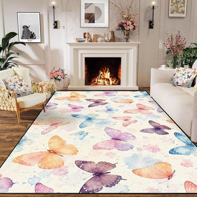Purple Gold Celestial Butterfly 5'x7' Area Rugs for Living Room Mat